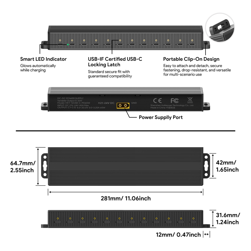 Portable USB C Charging Hub 12 Ports 65W Per Port