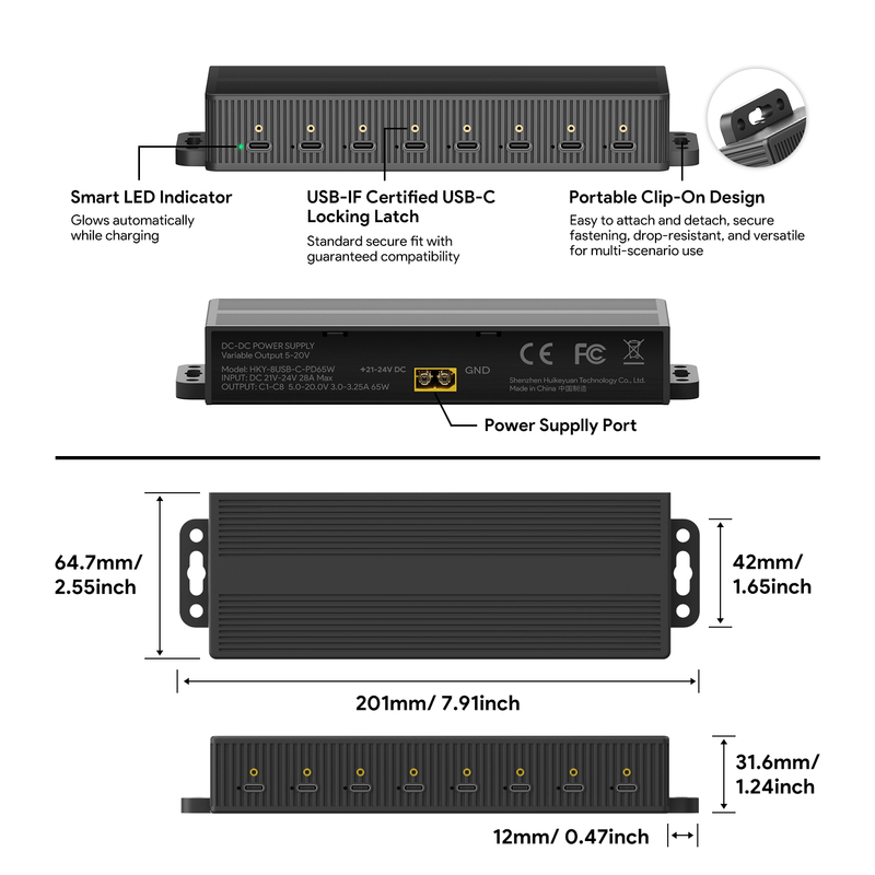 Portable USB C Charging Hub 8 Ports 65W Per Port