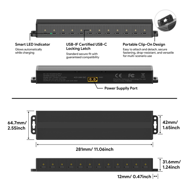 Portable USB C Charging Hub 12 Ports 45W Per Port