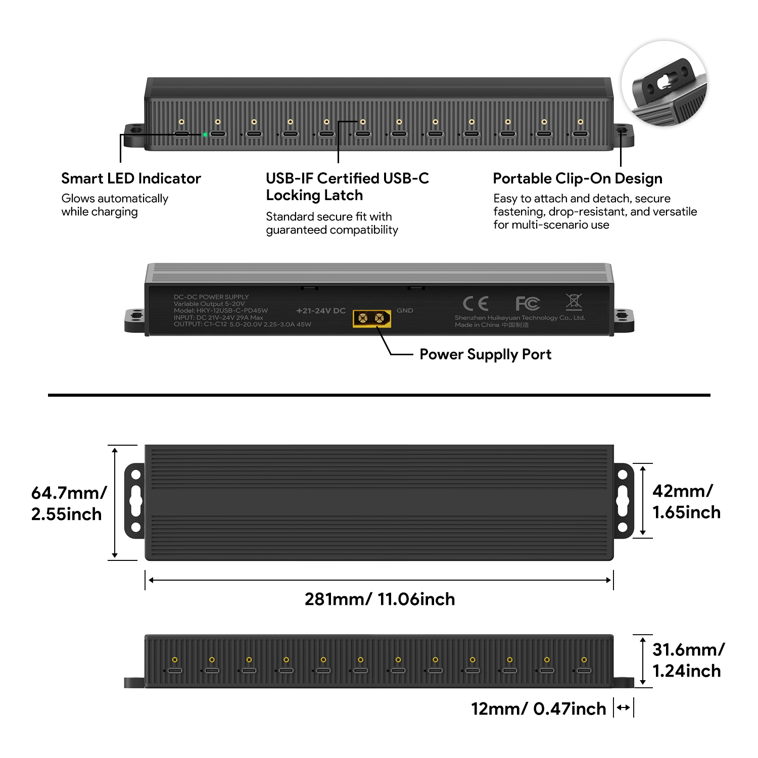 Portable USB C Charging Hub 12 Ports 45W Per Port