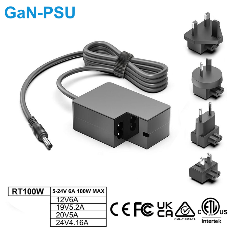 Smart GaN 12-24V 100W Max power adapter with universal plugs 
