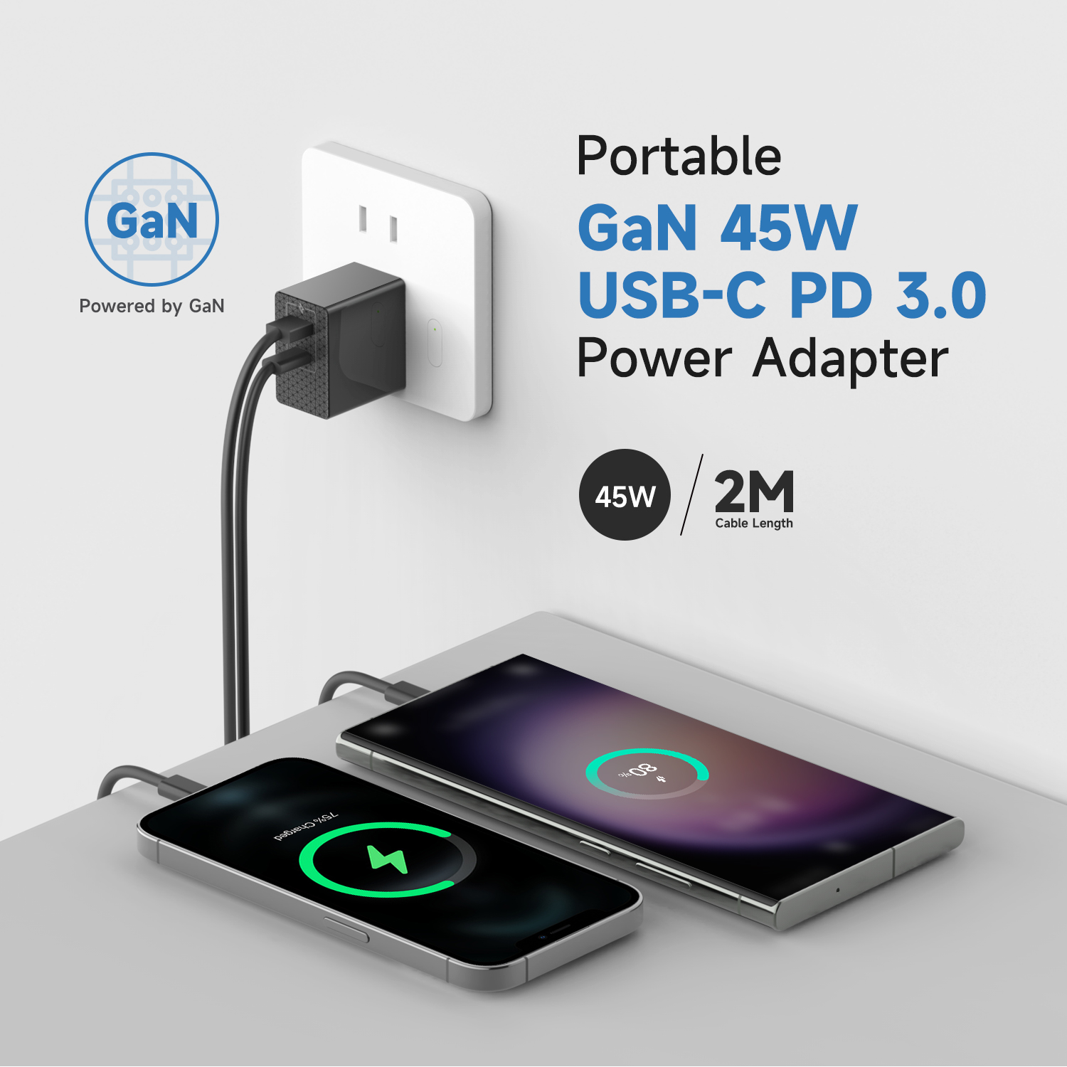 Portable Smart GaN 45W USB Type-C PD3.0 Charger With 2 ports 1C1A 